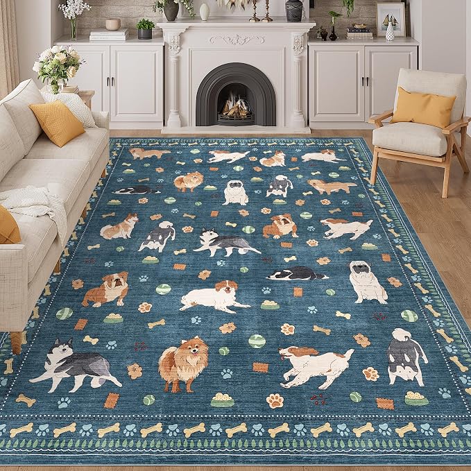 DUKINO 8x10 Area Rug, Washable Dog Rugs for Living Room Soft, Blue | Non Slip, Low Pile, Non-Shedding, Stain Resistant Animal Carpet for Bedroom Dining Room Nursery Farmhouse, Pet & Kid Friendly