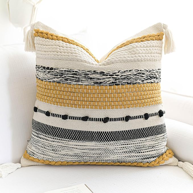 Boho Decorative Throw Pillow Cover 22x22 Square Yellow Mustard Accent Pillowcase Tassels Farmhouse Cushion for Couch Sofa Bedroom Living Room Home Décor Cover ONLY (Pack of 1)