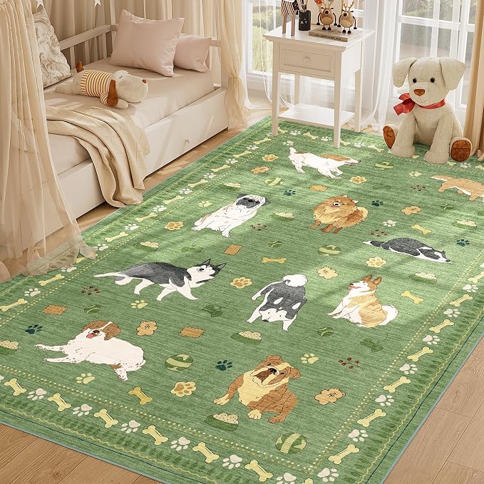 DUKINO 5x7 Area Rugs, Washable Dog Rug for Kids Room Non Slip, Green | Low Pile, Stain Resistant, Soft Animal Carpet for Living Room Bedroom Dining Room Farmhouse, Kid & Pet Friendly, Non Shedding