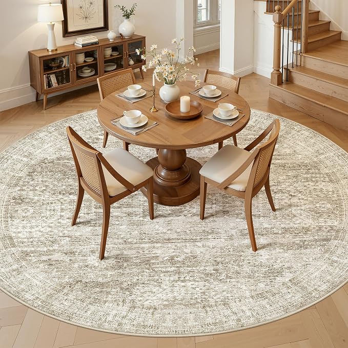 Soalmost Round Rugs 8ft Living Room Circle Area Rug 8x8 Brown Vintage | Washable Non Slip Indoor Carpet for Apartment, Dining Bedroom, Soft Low Pile Stain Resistant Foldable Floor Mat Entryway