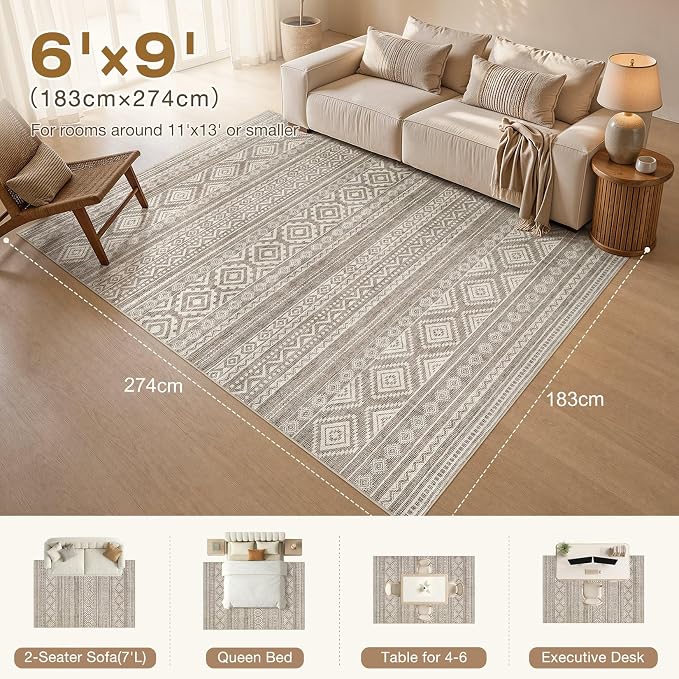 cotiled 6x9 Area Rugs Living Room Rug: Washable Boho Rugs with Non Slip Backing Large Soft Indoor Stain Resistant Carpet for Bedroom Farmhouse Dining Room Lightweight Home Decor Coffee Brown