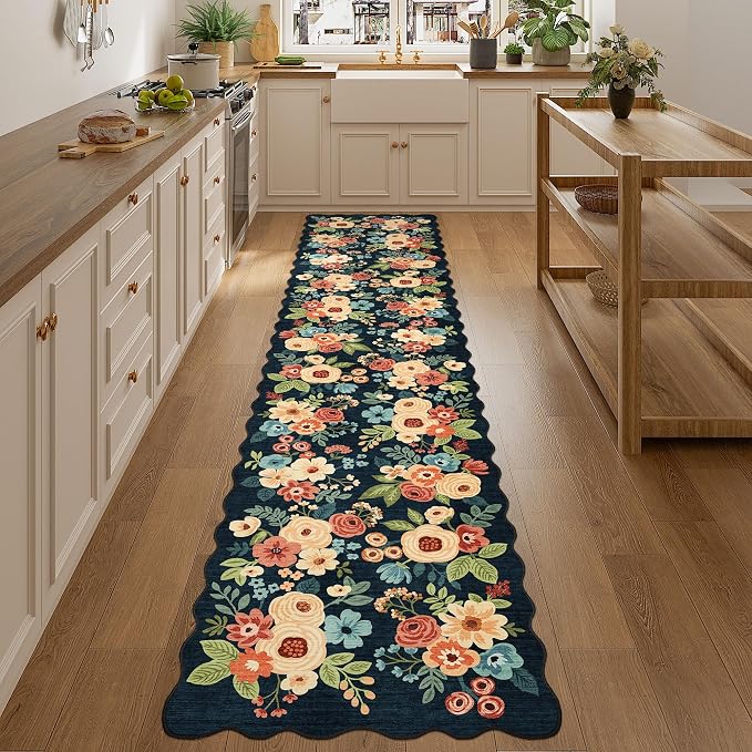 DUKINO 2.6x12 Washable Runner Rug, Floral Non Slip Kitchen Rug, Navy Blue | Low Pile, Stain Resistant, Soft Throw Rugs Runner for Hallway, Entryway, Bedroom, Bathroom, Modern Home Decor, Non-Shedding