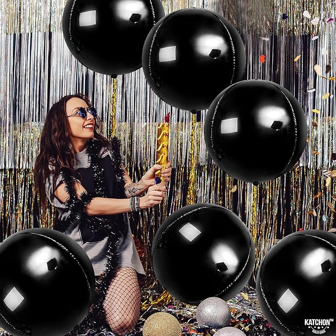 KatchOn, Large Black Mylar Balloons - 22 Inch, Pack of 6 | Round 4D Mylar Balloon for Birthday, Bachelorette Decorations | Black Birthday Party Decorations