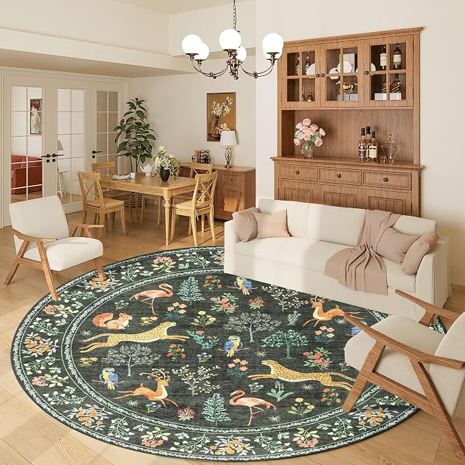 DUKINO 6ft Round Rug for Bedroom, Washable Soft Non Slip Circle Rug, Black | Low Pile, Stain Resistant, Animal Indoor Carpet for Living Room, Kitchen, Dining Room, Nursery, Farmhouse, Pet Friendly