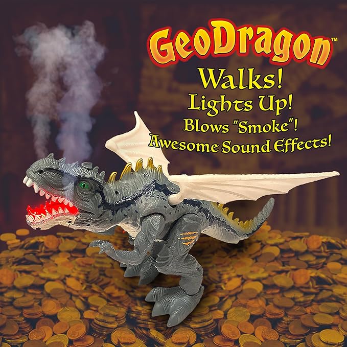 Geospace New Dragon Walking Dinosaur Toy – Smoke Breathing Fire Dragon Toy for Kids 3 & up, Walking Dinosaur Toys with Lights, Roaring Sound, Dragons Action Figure, Dragons for Gift (Icestorm)