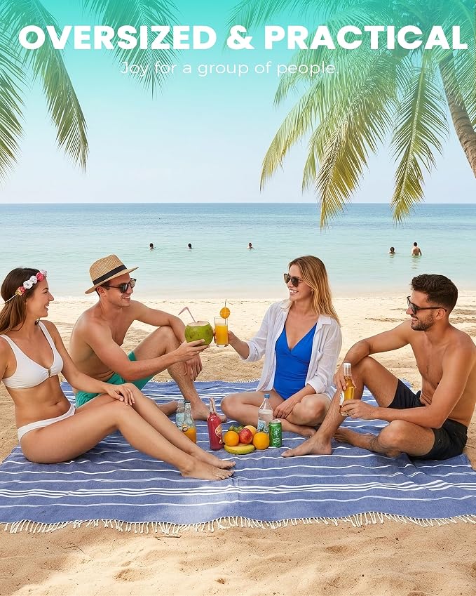 Antfuny Turkish Beach Towel Jumbo Extra Large XL XXL Big Oversized Giant Huge Thin Outdoor Picnic Accessories Travel Essentials for Family Camping Gears Must Haves Yard Mat Navy