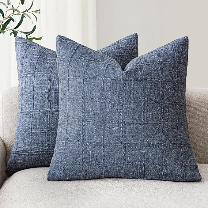 Foindtower Set of 2 Decorative Linen Check Throw Pillow Covers Neutral Farmhouse Vintage Cushion Covers Modern Coastal Boho Home Decor for Sofa Chair Couch Bedroom Living Room,20×20 Inch,Blue