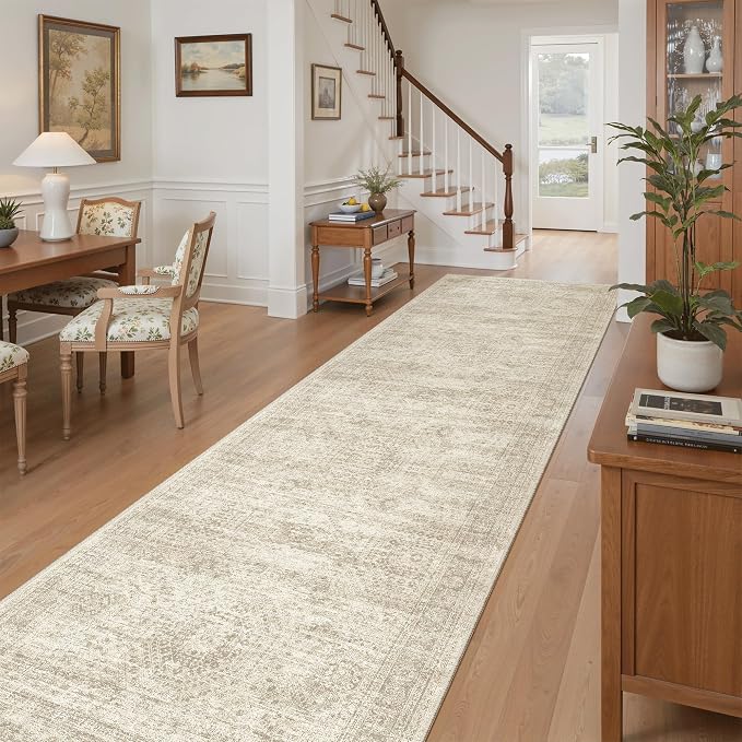 Soalmost Washable 3x10 Hallway Runner Rug Non-Slip Kitchen Entry Rugs Beige | Vintage Long Runners 10ft for Bathroom Laundry Room, Foldable Low-Pile Wide Floor Carpet Mat for Entryway Corridor Bedroom