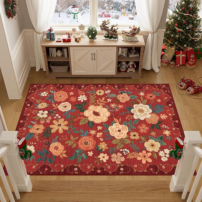 DUKINO 3x5 Area Rug, Floral Washable Rug for Bedroom Non Slip, Red | Soft, Stain Resistant Low Pile Indoor Rug for Entryway, Bedroom, Bathroom, Living Room, Pet Friendly, Home Decor, Lightweight