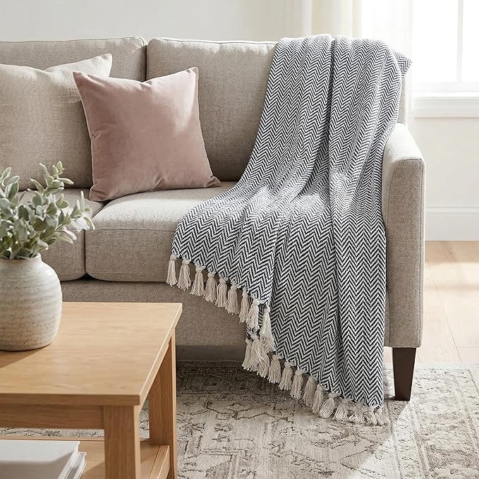 Americanflat 50x60 Throw Blanket - Soft and Breathable Cotton Throw Blanket for Couch, Bed, Chair - Decorative Blankets Perfect for Home or Outdoor Use - Navy Blue and White Herringbone Design