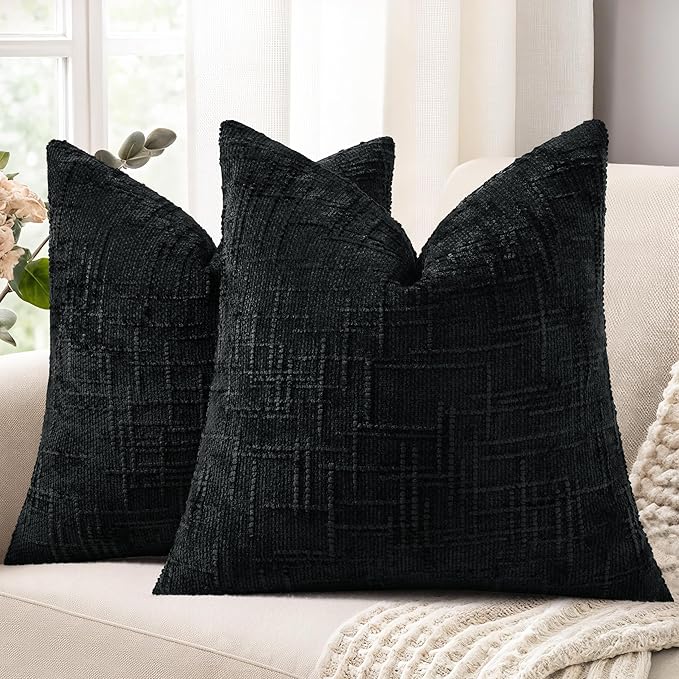 decorUhome Textured Chenille Throw Pillow Covers 16x16 Set of 2 Black | Fall Modern Farmhouse Soft Cozy Slubby Couch Pillow Cases Boho Decorative Pillow Cases for Bed Sofa Living Room Home Decor