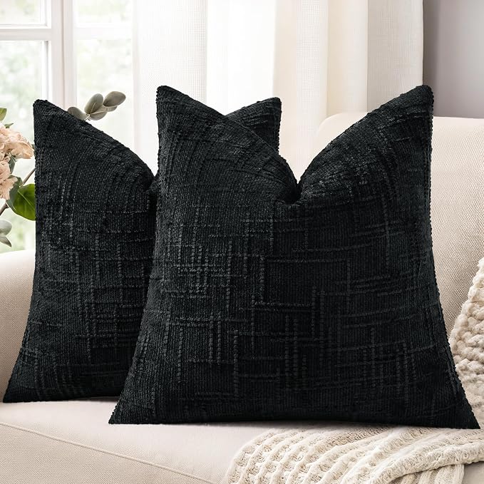 decorUhome Textured Chenille Throw Pillow Covers 22x22 Set of 2 Black | Fall Modern Farmhouse Soft Cozy Slubby Couch Pillow Cases Boho Decorative Pillow Cases for Bed Sofa Living Room Home Decor