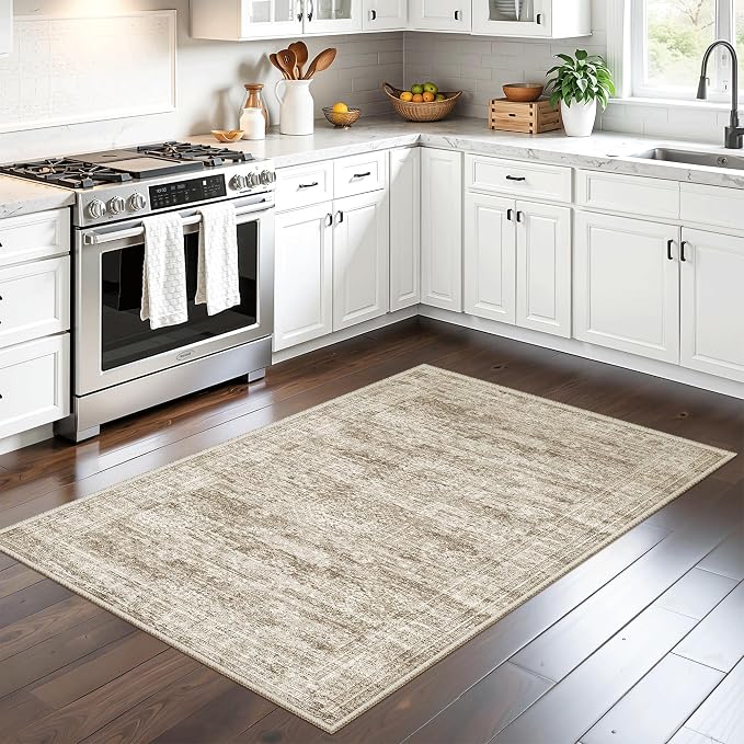 Soalmost 3x4 Rugs Non-Slip, Small Washable Kitchen Entryway Area Rug Brown | Vintage Low Pile Carpet for Nursery Coffee Table Bathroom, Foldable Stain Resistant Indoor Door Mat Entrance Powder Room