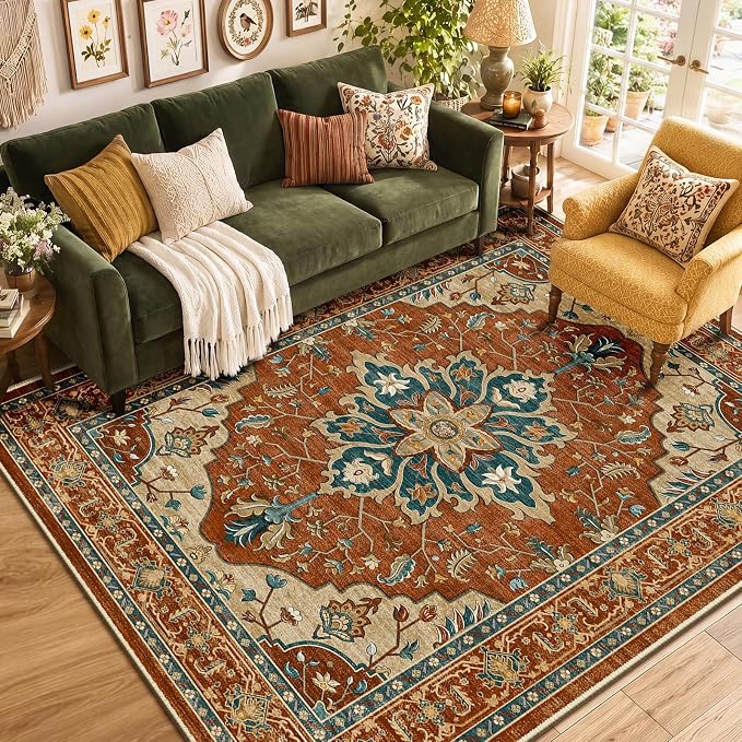 RELEANY Area Rugs 6'x9' Washable Non-Slip, Floral Vintage Distress Medallion Carpet for Living Room Bedroom Dining Room, Red Orange Blue Brown