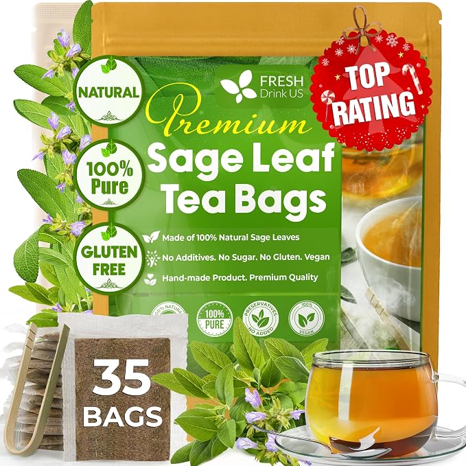 FreshDrinkUS, Premium 35 Sage Leaf Tea Bags, 100% Natural & Pure from Sage Leaves. Loose Leaf Herbal Tea. Made with Natural Material Tea Bags. No Sugar, No Caffeine, No Gluten, Vegan.
