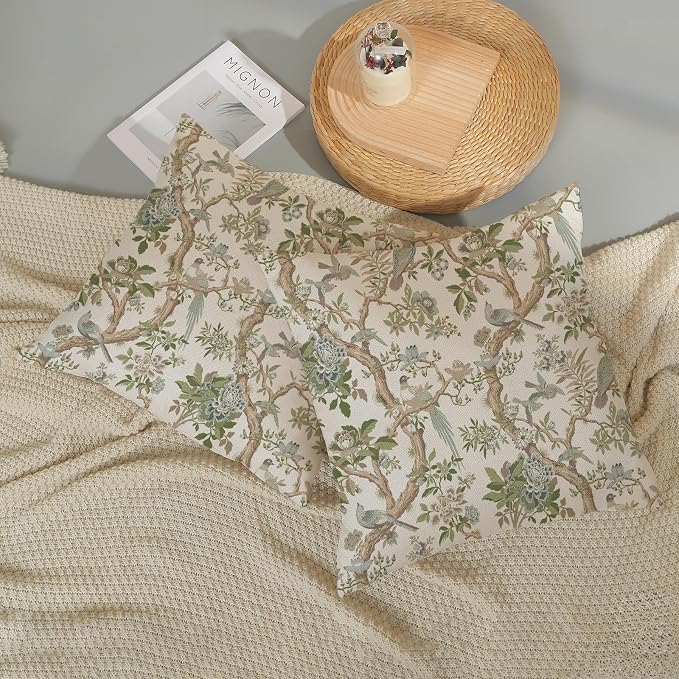 Green Floral Bird Pillow Covers 24x24 Set of 2 Chinoiserie Throw Pillows Green Vintage Flowers Bird Decorative Pillow Cases Outdoor Chinoiserie Decor Farmhouse Cushion Case for Couch Sofa