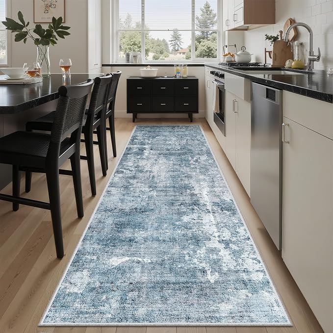 Soalmost Runner Rug 2'6"x8' Kitchen Hallway Runners Abstract Blue/Grey | Washable Non-Slip 2.5x8ft Carpet Entryway Bathroom, Low Pile Vintage Foldable Floor Mat for Corridor Laundry Room Bedroom