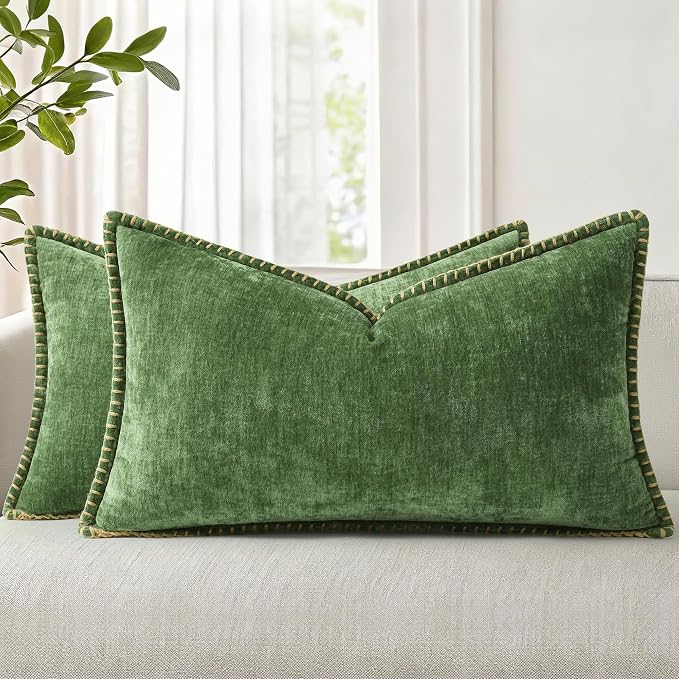 decorUhome Soft Chenille Throw Pillow Covers 12x20 Set of 2 Forest Green | Fall Textured Decorative Throw Pillow Cases Stitched Edge Modern Farmhouse Luxury Boho Velvet for Couch Sofa Bed Home Decor