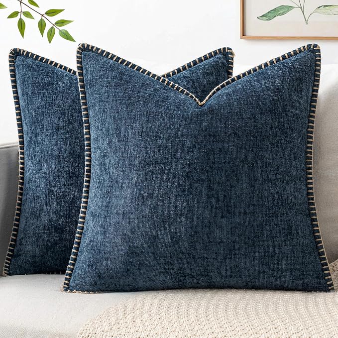 MIULEE Decorative Couch Throw Pillow Covers 20x20 Inch Dark Blue 2 Pack | Farmhouse Pillow Covers with Stitched Edge, Soft Chenille Cushion Cases, for Sofa Bed Living Room Home Decor