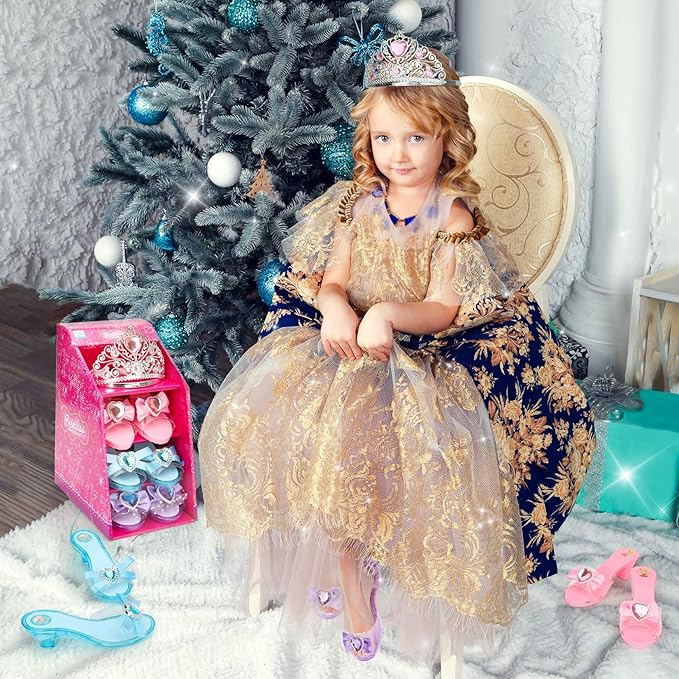 Girls Play Set! Princess Dress Up Shoes and Tiara (3 Pairs of Shoes + 1 Tiara) Role Play Collection Fashion Princess Shoe for Little Girls