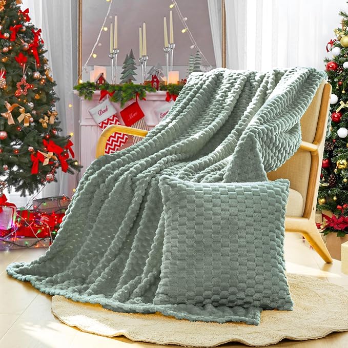 Bnuitland Flannel Throw Blanket, 300 GSM Fleece Cozy Warm Soft Home Decor Lightweight Bed Sofa Blanket for Adults, Suitable for All Seasons(Sage Green,50X71 inches with Pillow Cover)