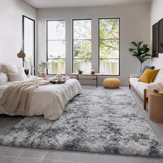Amdrebio Tie-Dyed Light Grey Fluffy Area Rug 4x6 for Bedroom Dorm Classroom | Plush Shaggy Furry Fuzzy Shag Kids Boys Carpet, Nursery Playroom Office Men Cave Living Room Decor, Cool Farmhouse Aesthetic