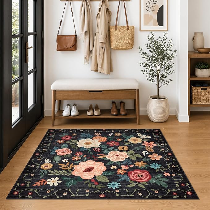 DUKINO 4x4 Square Area Rug, Soft Floral Washable Rug for Entryway, Black | Non Slip, Low Pile, Stain Resistant Indoor Rug for Kitchen, Bedroom, Living Room, Nursery, Pet Friendly, Modern Home Decor