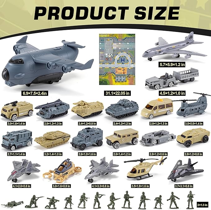 33 in 1 Military Airplane Toy with Army Men Action Figures, Army Toys Playset with Vehicles Tanks Trucks Helicopters Fighter Jets and Play Mat, Gifts for Boys Girls