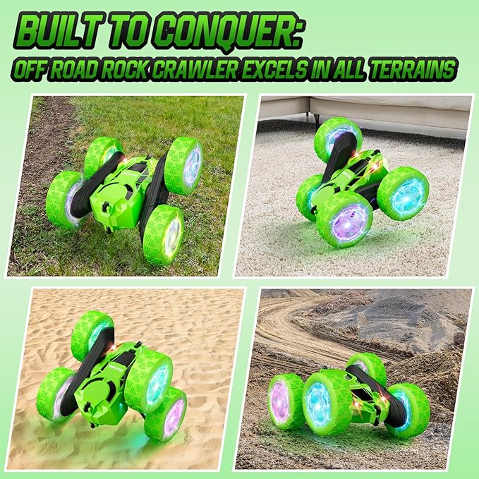 Remote Control Car, Double Sided 360°Rotating 4WD RC Cars with Headlights 2.4GHz Electric Race Stunt Toy Car Rechargeable Toy Cars for Boys Girls Birthday (Green)
