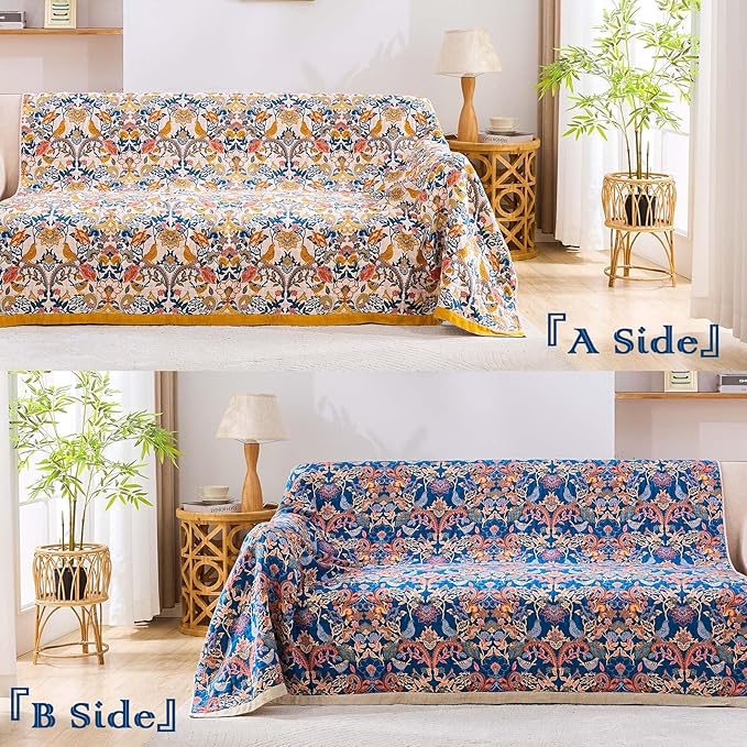 XIBLC Boho Blanket Throw Quilt, 100% Cotton Soft Light Weight Throw Blankets for Summer, 60"x80" Farmhouse Flower Decorative Blankets, All Season Rustic Reversible Bohemian Throw Quilt