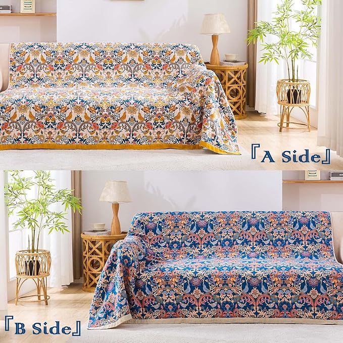 XIBLC Boho Blanket Throw Quilt, 100% Cotton Soft Light Weight Throw Blankets for Summer, 80"x90" Farmhouse Flower Decorative Blankets, All Season Rustic Reversible Bohemian Throw Quilt