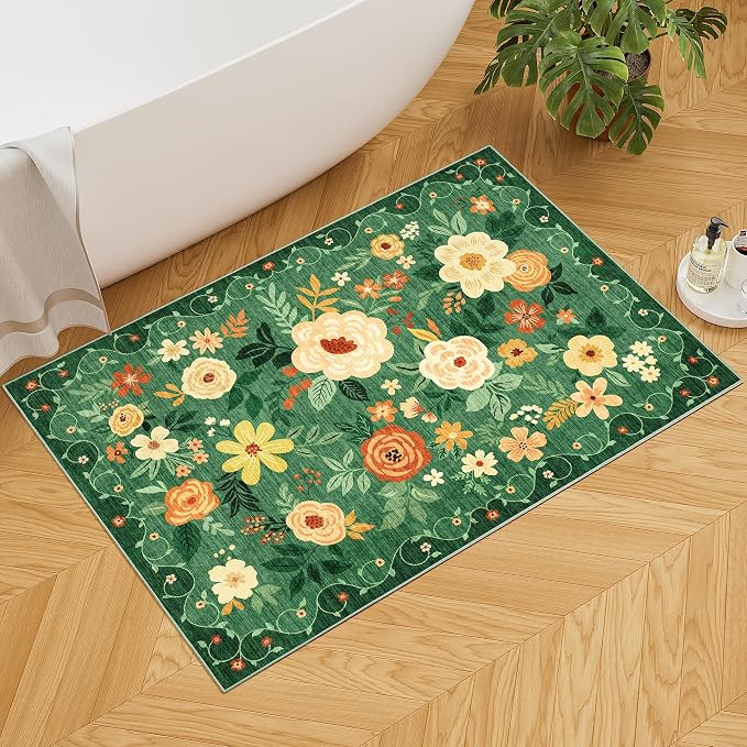 DUKINO 2x3 Entryway Rug, Door Mat Soft Washable Rug Non Slip, Dark Green | Low Pile, Non-Shedding, Floral Small Rug for Kitchen, Entrance, Bedroom, Bathroom, Pet Friendly, Stain Resistant, Home Decor
