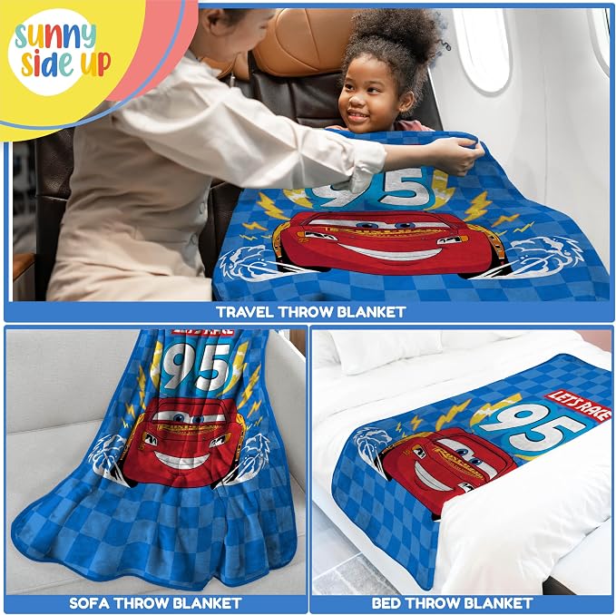 Sunny Side Up Disney Pixar Cars Plush Travel Throw Blanket - Measures 40 x 50 Inches - Super Soft & Cozy Travel Accessories Features Lightning McQueen