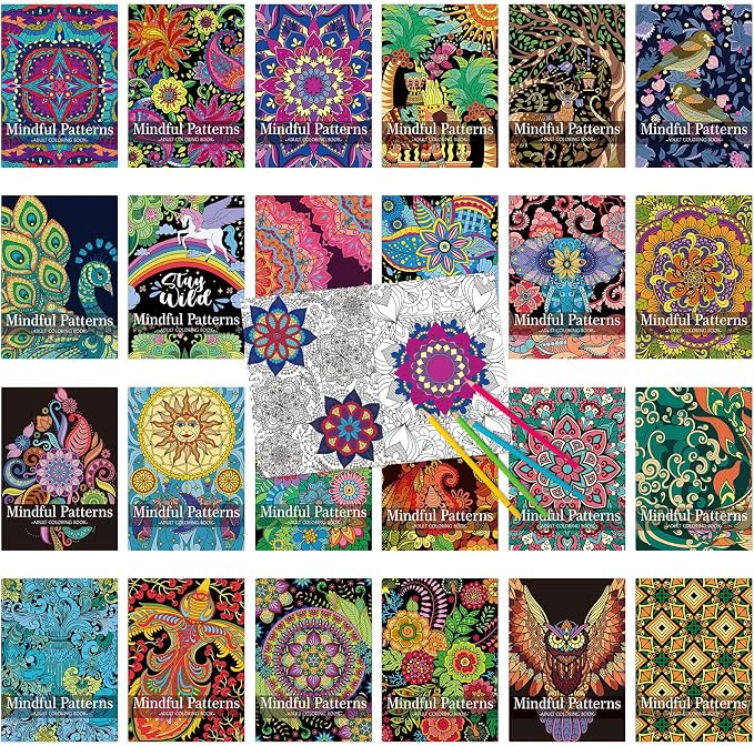 Liliful 24 Pcs Mindful Coloring Book Bulk for Adult DIY Art Stress Relief Drawing Book with Relaxing Mindfulness Patterns for Adults, Party Favors, Goodie Bag Filler and Holiday Gifts
