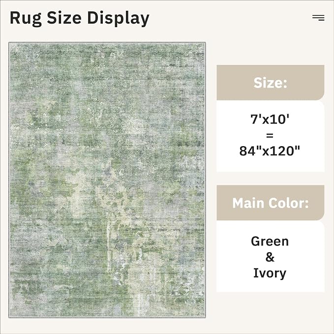 Soalmost Abstract 7x10 Area Rug for Living Room Washable Rugs Green/Ivory | Non-Slip Low-Pile Carpet for Dining Bedroom, Foldable Thin Vintage Stain Resistant Floor Mat Under Table Home Office Nursery