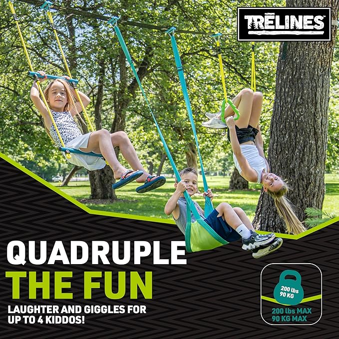 Swingset Gymnastics Kit 36 ft - Slackline Swing Set for Backyard, Monkey Bars & Gymnastics Line - 2 Swings, Double Trapeze bar, 2 Gym Rings - Outdoor Playset for Kids - Ages 3+ Holds 500 lbs.