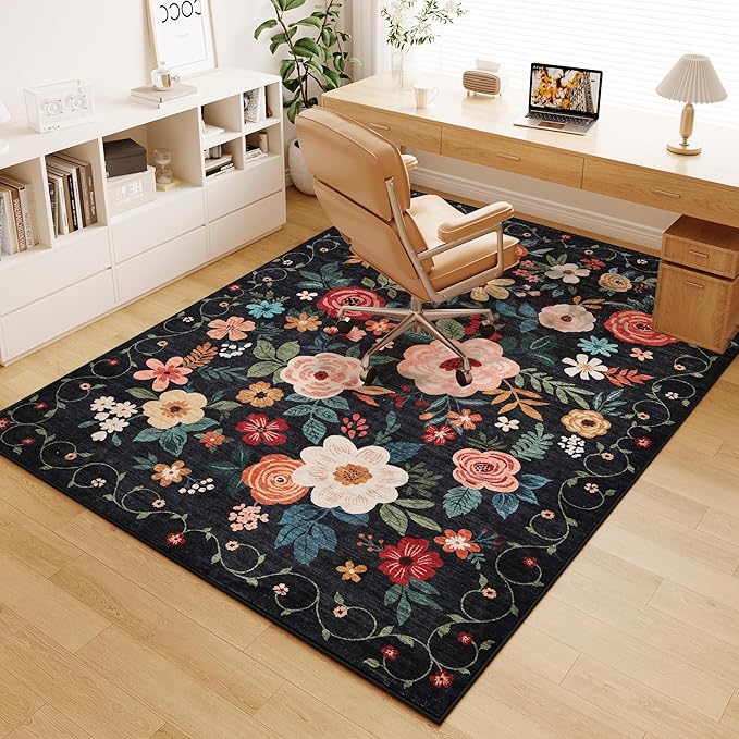 DUKINO 4x6 Area Rug, Floral Washable Office Rug Non Slip Chair Mat, Black | Low Pile, Stain Resistant, Soft Indoor Rug for Bedroom, Living Room, Dining Room, Kids Room, Pet Friendly, Modern Home Decor