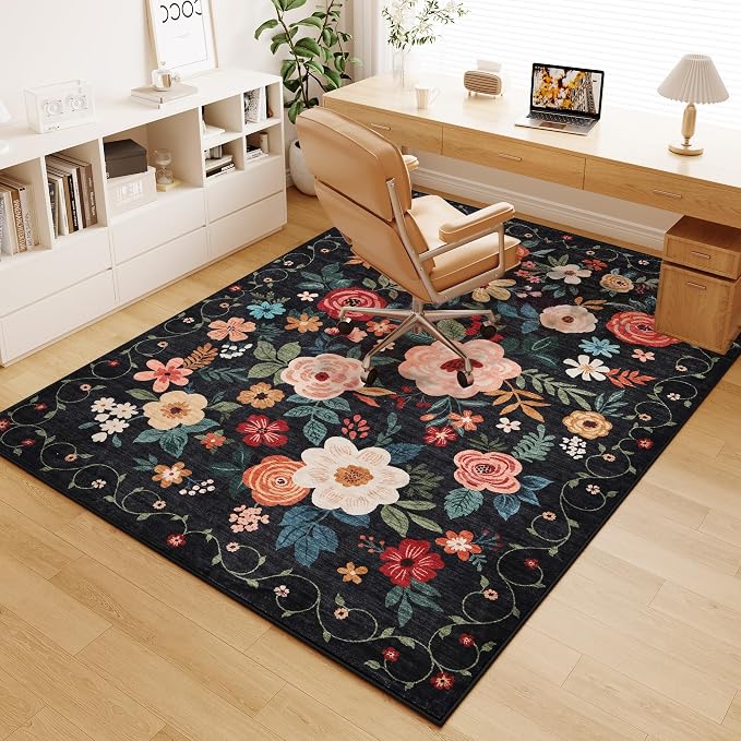 DUKINO 6x9 Area Rugs, Floral Washable Rug for Bedroom Non Slip, Black | Soft, Low Pile, Large Indoor Rug for Living Room, Dining Room, Kids Room, Office, Pet Friendly, Home Decor, Stain Resistant
