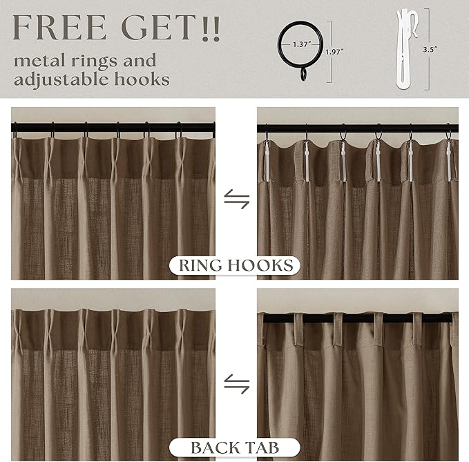 92 Inch Linen Curtains 2 Panels Set Pinch Pleated for Living Room Bedroom Memory Training Shaped Semi Sheer Dutch Cocoa Pinch Pleat Drapes Hooks Rings Light Filtering Window Curtain Drapes
