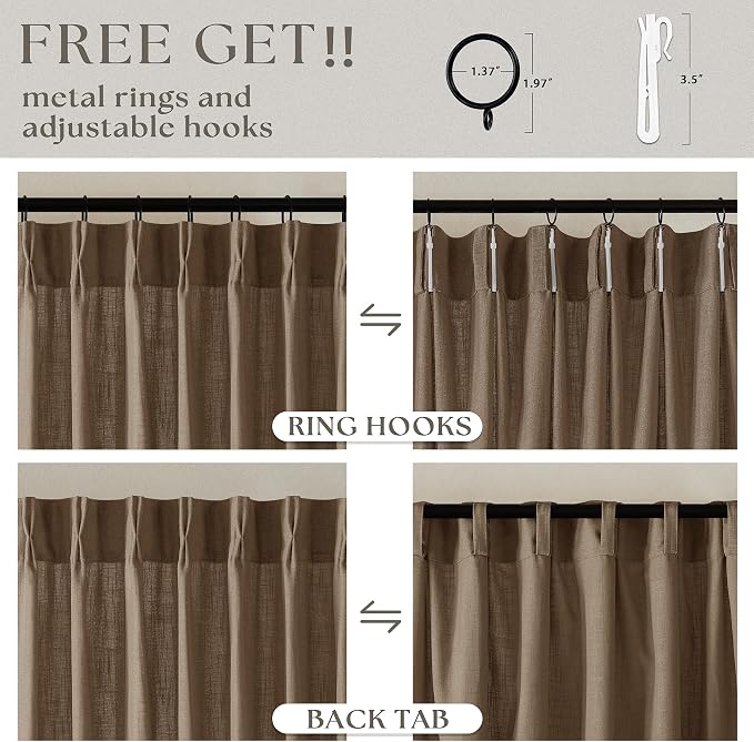 86 Inch Linen Curtains 2 Panels Set Pinch Pleated for Living Room Bedroom Memory Training Shaped Semi Sheer Dutch Cocoa Pinch Pleat Drapes Hooks Rings Light Filtering Window Curtain Drapes