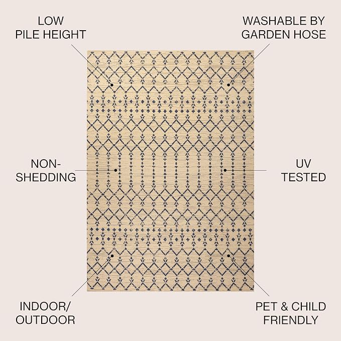 JONATHAN Y Moroccan Geometric Indoor Outdoor Square Area Rug 6X6 Beige/Navy, Ourika Textured Weave for Backyard, Patio, Porch, Easy-Cleaning, High Traffic, Pet-Friendly, Non-Shedding (SMB108H-6SQ)
