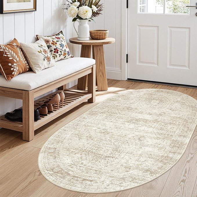 Soalmost Small Oval 3x5 Rug for Entryway Kitchen, Washable Area Rugs, Beige | Vintage Low Pile Carpet for Nursery Coffee Table Bathroom, Foldable Stain Resistant Indoor Door Mat Entrance Powder Room