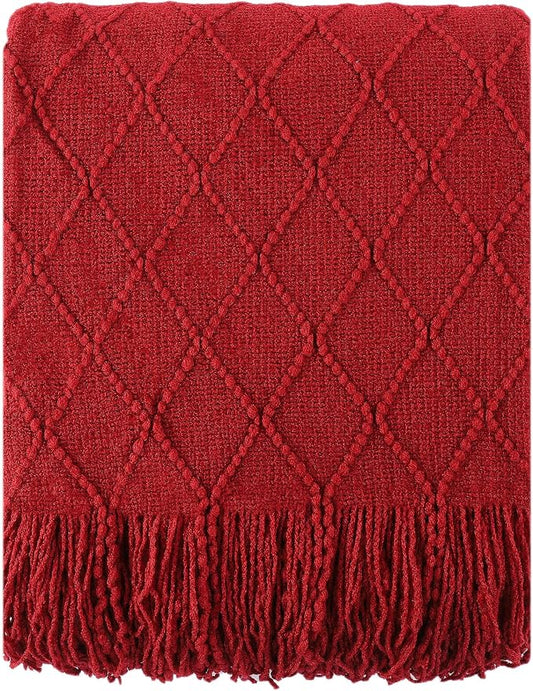 BATTILO HOME Christmas Decor Red Throw Blanket for Couch, Boho Bed Throws for Foot of Bed, Decorative Red Throws for Sofa Living Room, 50"x60" | Boho Throw Blanket for Foot of Bed, Decorative Knit Red Throw for Sofa Living Room