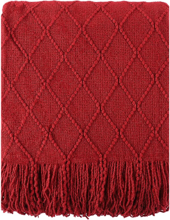 BATTILO HOME Red Throw Blanket Large Fringe Fall Throw Knitted Bed Throws for Couch Sofa Indoor Outdoor, Red, 52 x 80 in.