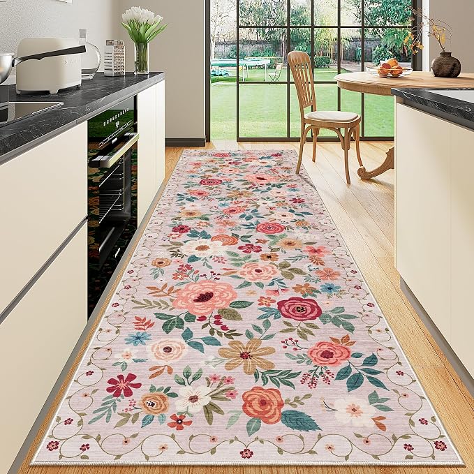 DUKINO 3x10 Runner Rug, Floral Washable Kitchen Runner Rug Non Slip, Beige | Soft, Low Pile, Stain Resistant Indoor Rug Runner for Hallway, Entryway, Bedroom, Bathroom, Modern Home Decor, Pet Friendly