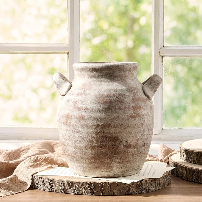 Vanselia Ceramic Flower Vase Home Decor - Farmhouse Table Vases with Handle Living Room Decoration Vintage Decorative Aesthetic for Shelf Coffee Dining Desk House Bookshelf Fireplace (7.1" Retro)