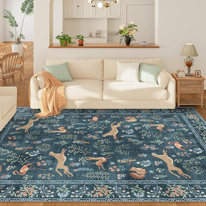 DUKINO 6x9 Area Rug, Washable Animal Living Room Rug Non Slip, Blue | Soft, Low Pile, Non-Shedding Indoor Large Carpet for Bedroom, Dining Room, Kids PlayRoom, Farmhouse, Pet Friendly, Home Decor