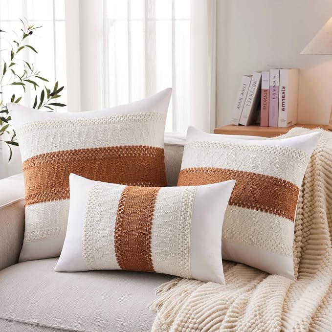 2pk Boho Pillow Covers 12x20, Natural White/Contrast/Caramel | 100% Organic Cotton Body, Stripe Embroidery, Farmhouse Decorative Cushion Covers for Sofa Bed Living Room Home Decor