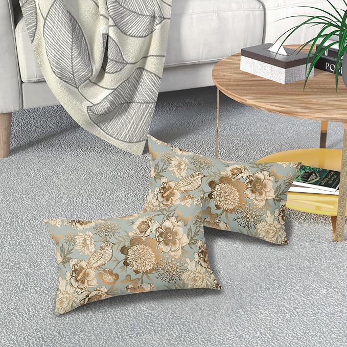 Vintage Floral Lumbar Pillow Covers 12X20 Inch Set of 2 Rose Gold Flowers Bird Butterfly Decorative Pillow Cases Blue Brown Cotton Linen Cushion Case Farmhouse Home Decor For Sofa Couch Living Room