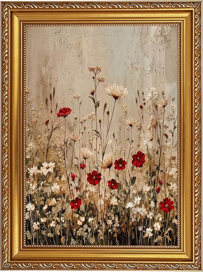 Framed Wildflower Canvas Wall Art,Neutral Plant Picture Wall Decor24x16in | Country Cottagecore Floral Print Artwork For for living room, bedroom, hallway, office or entryway
